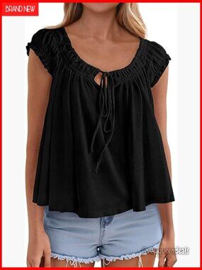 Flowy Babydoll Tank Top with Cap Sleeves Tie Front Peplum Blouse